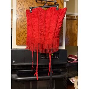 Dreamgirl Red Jacquard Fringe Corset Garter Top Lace Up Back 8723 Size 38